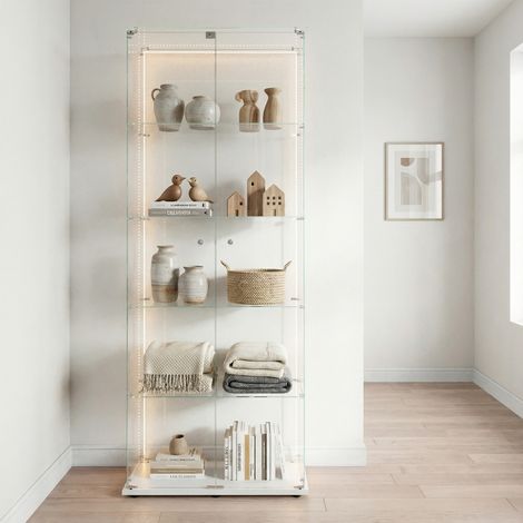 Vitrine en verre trempé 5 niveaux, éclairage LED, 2 portes, armoire d'exposition moderne & minimaliste, protection anti-poussière, pour salon, collection, étude(Blanc, Éclairage à bande LED)
