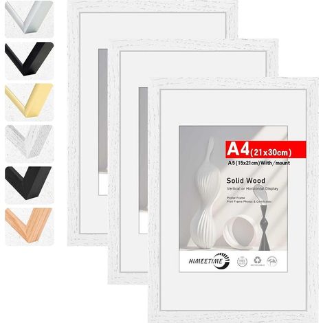3x Bilderrahmen A4 21x30 cm Weiss Holz mit Passepartout für A5, Wand & Tisch (1/5)