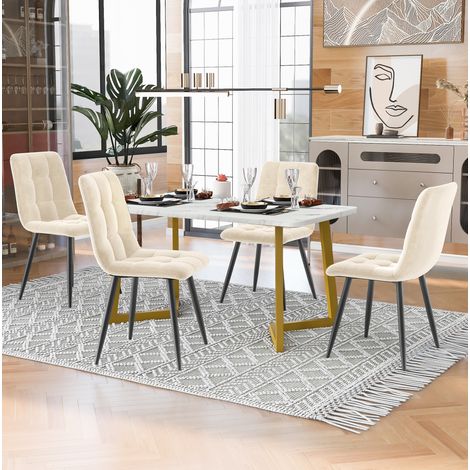 Esszimmer-Tisch- und Stuhl-Set aus MDF in Beige, rechteckig, mit 4 Samtstühlen und goldfarbenen Metallbeinen (1/5)