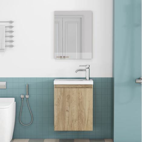 Mueble de baño suspendido de 40 cm con lavabo cerámico y espejo, roble, OKMYHOME (1/5)