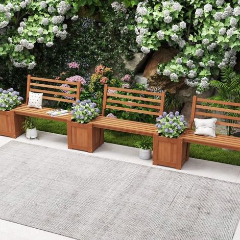 Bac à Planter en Bois 2 en 1 avec Banc et Dossier Intégré, Finition Huile de Teck, Structure Résistante aux Intempéries, Espace de Culture et Détente pour Jardin, Balcon et Terrasse (1/5)