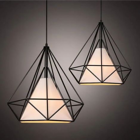 2 PCS Lustre Suspension en Métal Cage forme en Diamant E27 Lampe de Plafond Style Simple pour Eclairage Décoration (1/4)