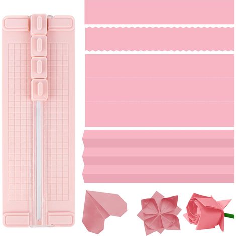 Massicot Coupe Papier, 4 en 1 Decoupe Papier Portable, Coupe-papier avec Mesures et Protection de Sécurité, Multifonctionnel Massicot Scrapbooking pour Carte étiquettes Photo Emballage(Rose) (1/5)