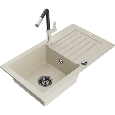 Mexen Pablo lavello in granito 1-vasca con scolapiatti e rubinetto da cucina Flora, beige - 6510-69-670401-07-B (1/5)