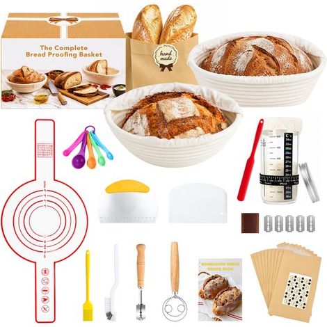 Kit de démarrage de levain – 15 pièces – Paniers de fermentation rond et ovale – Couteau et racloir à pâte – Sac à pain (1/5)