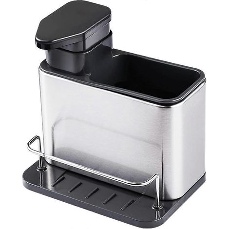 Distributeur de savon pour évier de cuisine, porte-éponge 3 en 1, organisateur d'évier en acier inoxydable, bac d'égouttage, à poser sur le plan de travail (1/5)