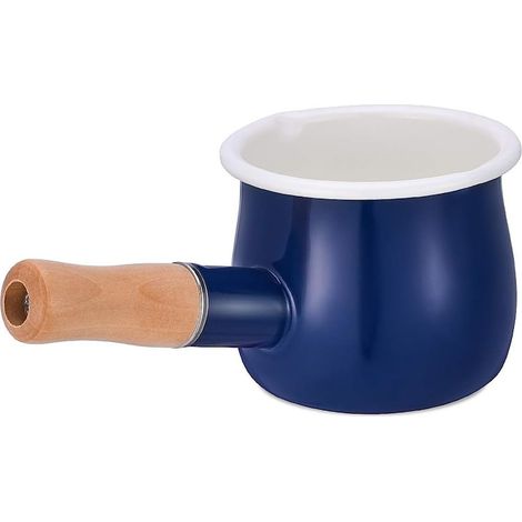 Petite casserole à lait émaillée 550 ml avec manche en bois, bleue, cuisson du lait et des sauces, cuisine (1/5)