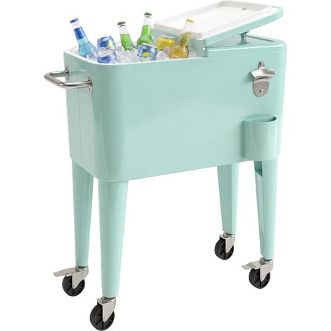 Chariot à boissons réfrigéré de 56 L avec roues, ouvre-bouteille, distributeur de sacs et poignée convient aux fêtes en terrasse dimensions : 75 x 35 x 78 cm vert clair. (1/5)