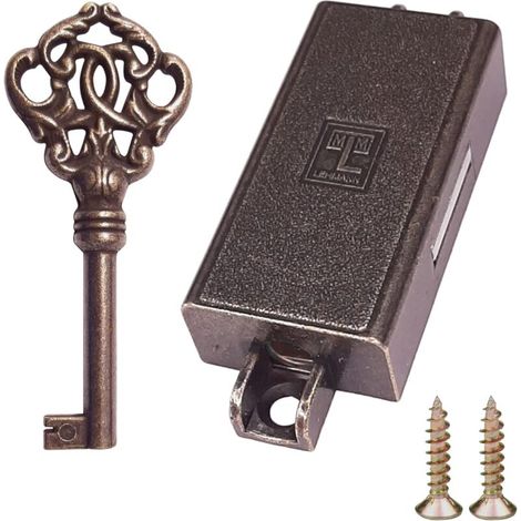 Serrure espagnolette brun bronze clé antique remplacement meuble buffet ancien décoration rustique armoire vintage, droite (1/4)