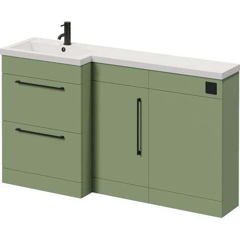 Napoli 390 Olive Green 1500mm 2 Drawer Vanity Unit Toilet Suite with Left Hand Square Lucia Basin - 1500mm - Matt Black 320mm HandleWithout Kingston Toilet Pan