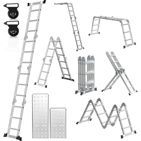 Jiubiaz Escalera multifuncional 7 en 1 de aluminio, 4x3 peldaños, aprox. 360 cm / 3,6 m, plegable, 2 plataformas + 2 ruedas, carga máxima 150 kg (1/5)