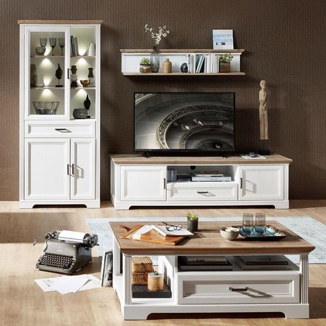 Wohnwand-Set mit Couchtisch JÜLICH-36 in Pinie weiß und Artisan Eiche Nb., Vitrine inkl. LED - B/H/T: 301/204/51 cm (1/5)