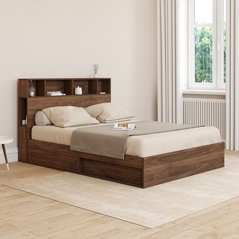 Cama doble CLEM con espacio de almacenamiento + cabecero y somier de 140 x 190 cm efecto nogal
