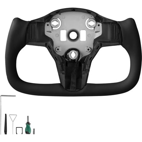 Volant de Direction Méplat Chauffant pour Tesla Model 3 2016-2023 en Fibre de Carbone et Cuir Microfibre Noir (1/5)