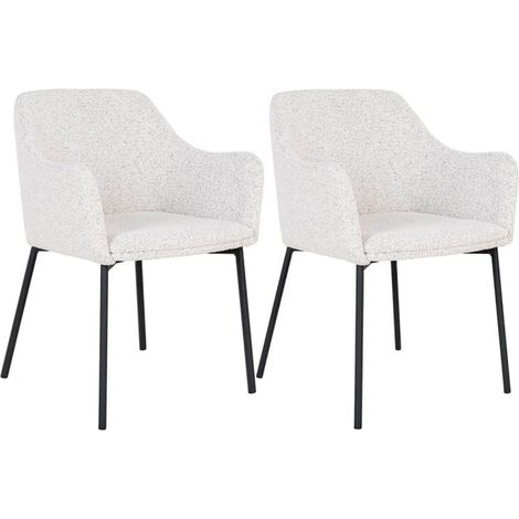 LOANA - Lot de 2 Fauteuils de Table Tissu Bouclé Blanc Chiné Pieds Métal Noir (1/5)