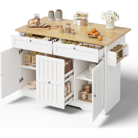 Îlot de Cuisine Mobile avec Plan de Travail Rabattable, Desserte à Roulettes avec Tiroirs et Armoire, Bois MDF, 120x70x92 cm (1/5)