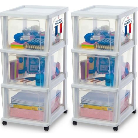 Iris Ohyama, Tour de Rangement Plastique à Roulettes, Lot de 2, 3 Grands Tiroirs, Blanc, KMC-303
