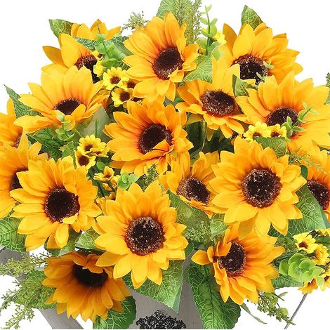 4 tournesols artificiels réalistes à tige unique, en soie synthétique, pour bouquet de mariée, mariage, fête à domicile ou autre événement.
