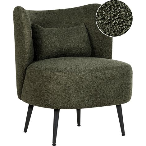 Sillón sala de estar asiento respaldo curvo diseño glamour bouclé tapicería patas negras verde oscuro Otsby