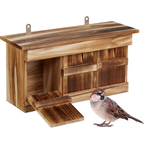 Relaxdays Nistkasten für Spatzen, 3 Brutkammern, Tannenholz, Einflugspalt HxB: 3 x 2 cm, Vogelhaus zum Aufhängen, braun