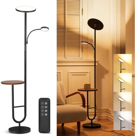 Lampadaire LED avec Tablette et Lampe de Lecture, 3800LM Dimmable avec Étagère Marron, Télécommande et Commande Tactile, Minuterie 1H (1/5)