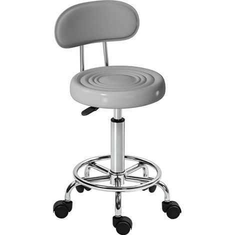 Rollhocker, Drehbarer und verstellbarer Hocker mit Rückenlehne, Kunstlederbezug, Fußstütze, für Frisiertische, Grau