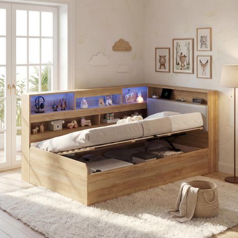 Lettino da giorno 90x200 cm, letto contenitore idraulico per bambini, LED, USB-C, MDF naturale