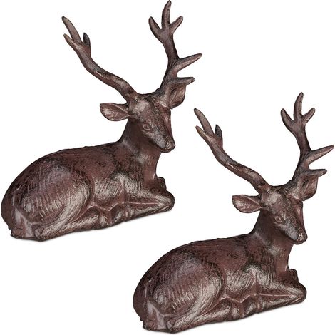 2 x Figura Ciervo, Ciervo Tumbado Decorativo, Rústico, Resistente a Intemperie, Jardín, Balcón, Hierro Fundido, Marrón