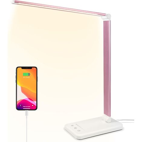 Lampe de bureau LED pliable - Rechargeable - Interrupteur tactile - Cinq niveaux de luminosité et réglage de la couleur (Or rose) (1/5)