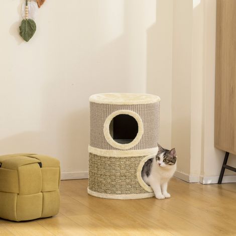 Tonneau à gratter pour chat arbre à chat sisal naturel et herbiers marins recouvert de peluche 35,5x35,5x49cm kaki café (1/5)