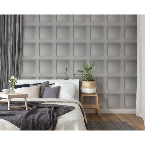 Grey Wooden Panel 3D Effect Realistic Square Panelling Smooth Flat Wallpaper (1/4)