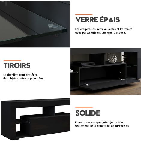 SIRHONA Meuble TV LED Noir avec 2 Compartiments et 1 Portes Bois, Meuble Télé avec Rangement en Verre LED éclairage RVB 16 Couleurs,140 cm