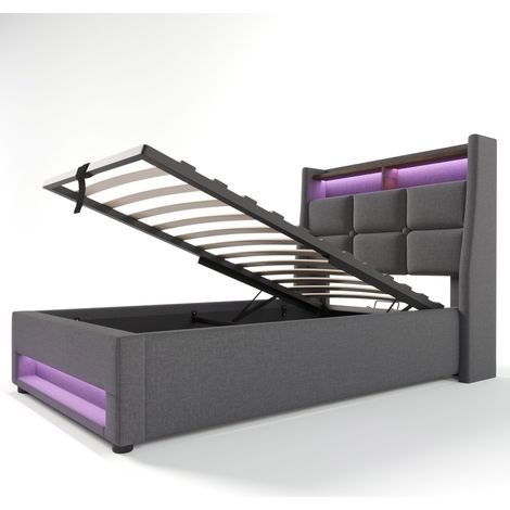 Gepolstertes Einzelbett 90x200 cm mit LED, USB, Stauraum und Lattenrost, grau MODENUIT (1/5)