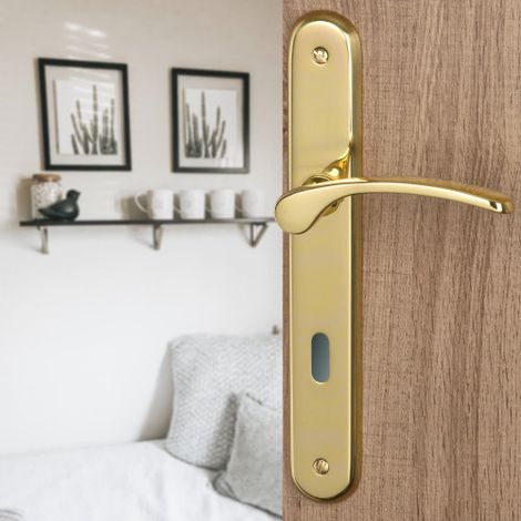 Ouvre&Déco – Poignée de porte d'entrée EVA – Laiton poli brillant – Entraxe 195 mm – Fonction confidentialité pour chambres à coucher (1/3)