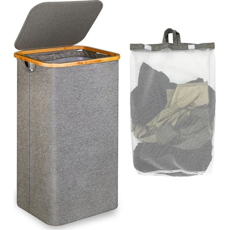 Large Laundry Basket with Lid, 100L Large Dirty Laundry Basket with Bamboo Handles for Clothes, Laundry Basket Foldable Large XXL Collapsible with Inner Bag Grey (1/5)