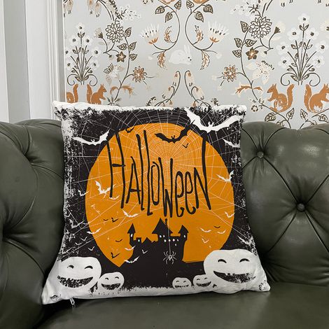 2 Sets Halloween-Sofakissenbezüge/Kissen aus Leinen mit Kürbishausmotiv (45x45 cm) (1/4)