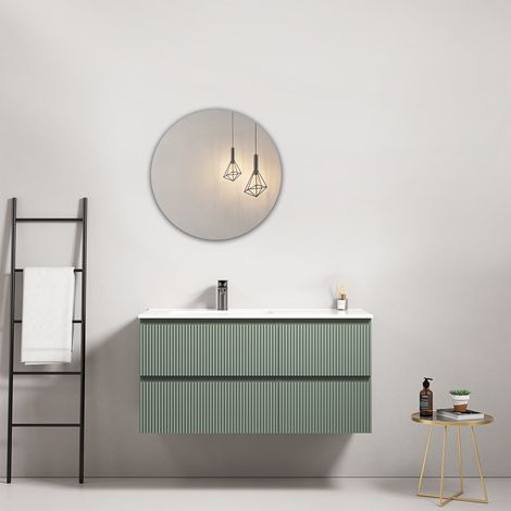 Mobile bagno sospeso cannettato 100 cm Verde Salvia Lavabo a Sinistra in Ceramica Specchio Tondo - Fiji Paint (1/4)