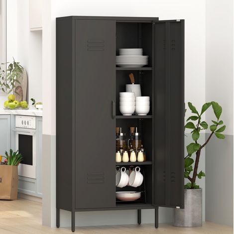 Armoire de rangement noire en métal avec 2 portes et étagères réglables, meuble multifonction avec aérations (1/5)