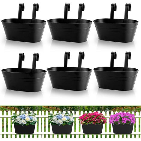 Lot de 6 Pots à fleurs, Métal robuste, Crochet amovible, Jardinage balcon, Extérieur noir