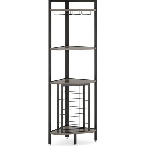 Étagère d'angle sur pied pour vin 4 étages avec porte-verres - cadre en métal noir et MDF plaqué noyer (1/5)