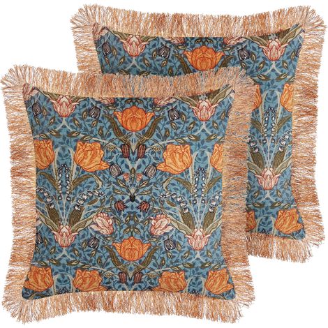 Conjunto de 2 cojines de algodón azul naranja 45 x 45 cm floral flecos Mitella