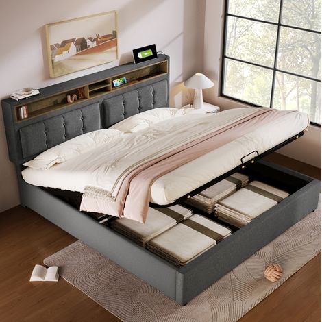 Cama con espacio de almacenamiento de lino gris 140x200 cm, cabecero ajustable, USB y enchufes, somier incluido (1/5)