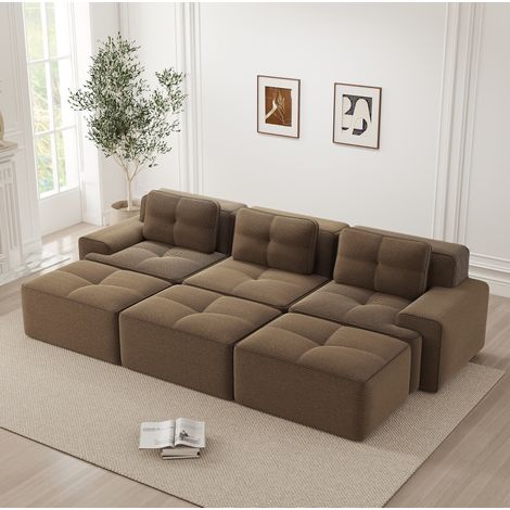 Canapé modulable en velours côtelé marron, assise profonde 74 cm, style angle convertible (1/5)