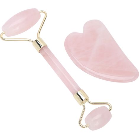 Rouleau de massage facial en quartz rose, rouleau de lifting et de raffermissement du visage, ensemble de planche Gua Sha en or (1/5)