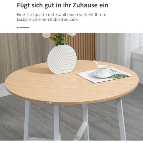 Table ronde industrielle Ø 80 cm, piètement bois naturel/blanc, charge max 60 kg, hauteur 76 cm, idéale repas.
