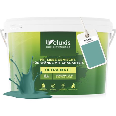 Wandfarbe Grün Türkis Petrol Matt Innenfarbe – Deckkraft Klasse 1, VOC-frei, Ohne Grundierung, Tropfarm – Wohnzimmer & Schlafzimmer – 5L – Veluxis (Magical Mint)