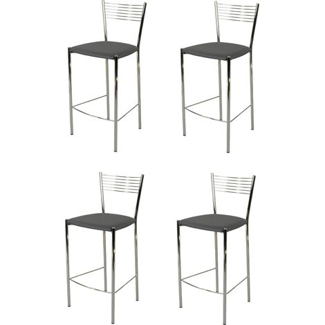 Tommychairs - Set 4 sgabelli alti modello Elegance per cucina e bar, struttura in acciaio cromato e seduta imbottita e rivestita in pelle artificiale colore grigio scuro (1/4)