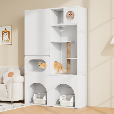 Katzenklo-Schrank mit 2 Fächern und Kratzbaum, MDF weiß, 140 x 45 x 195 cm HAVRYA (1/5)