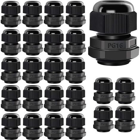 25pcs PG16 Cable Gland, IP68 Waterproof Adjustable Plastic Cable Gland Seal 8.5-14mm with Rubber Seals, M22 1.5 Wire Connector, Wire Protector (Black) (1/5)