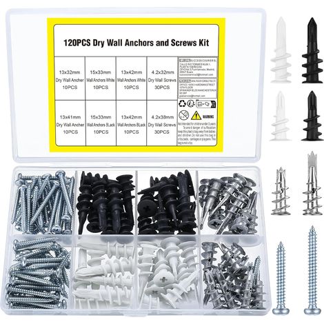 120 Pcs Vis et Chevilles Métal Platre: 60 Chevilles pour Plaques de Plâtre + 60 Vis Autoperceuses, Cheville Plaque de Platre Auto-Foreuses en Métal avec Vis pour Fixation Béton, Plaques de Plâtre (1/5)